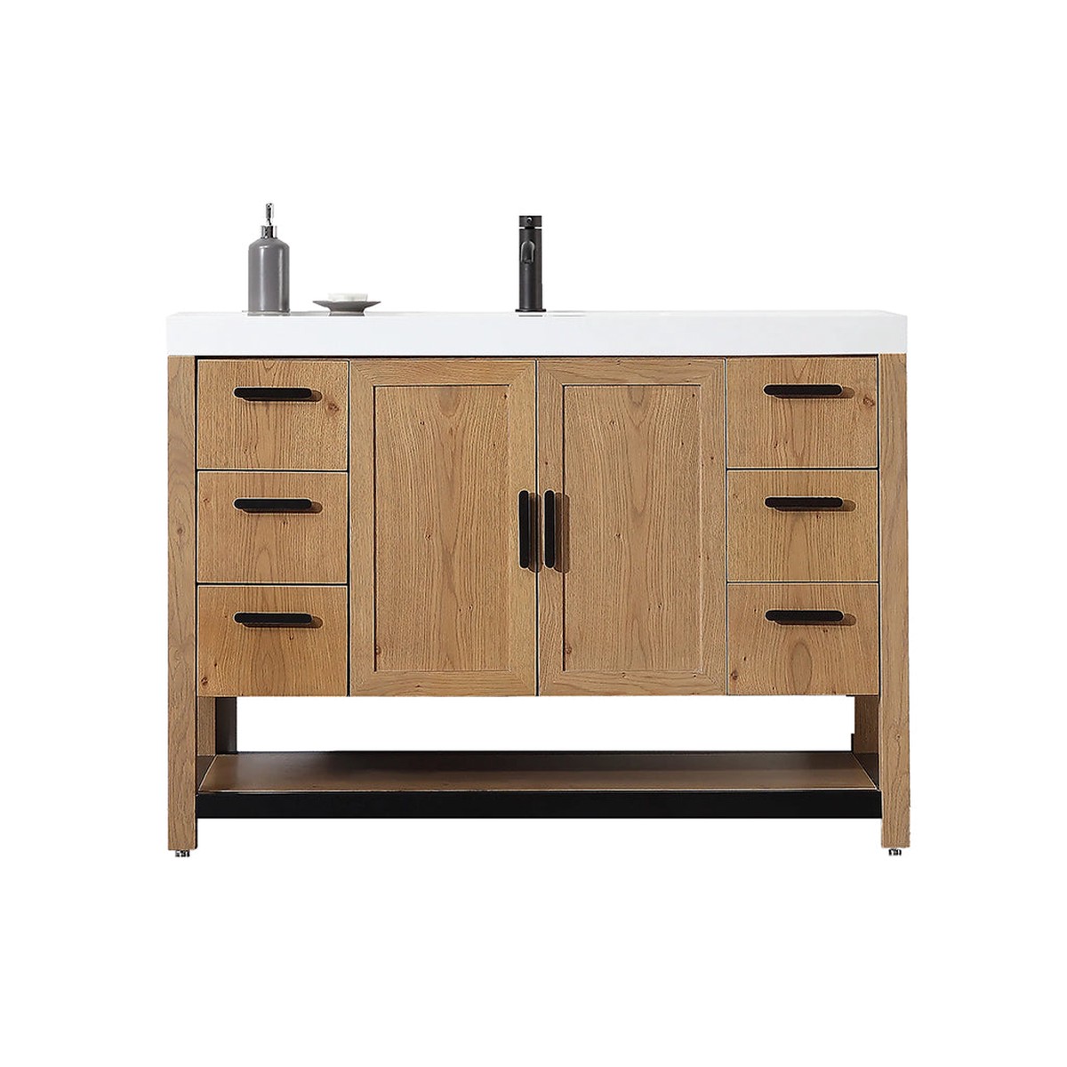 Winchester 6 Drawers And 2 Doors Bathroom Vanity with White Quartz Sink - Floor Mount - 48 WoodPecan Oak