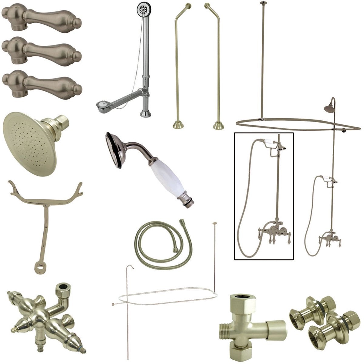 Kingston Brass Vintage Wall Mount Down Spout Clawfoot Tub and Shower Package with Metal Lever Handles