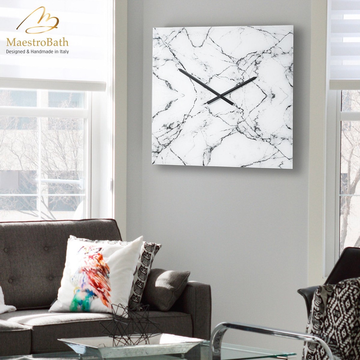 Square Marble Wall Clock White