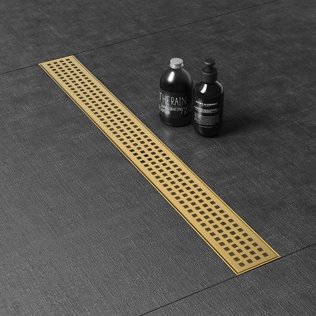 WEBANG 24 Inch Square Hole Pattern Linear Shower Drain With Accessories Brushed Gold