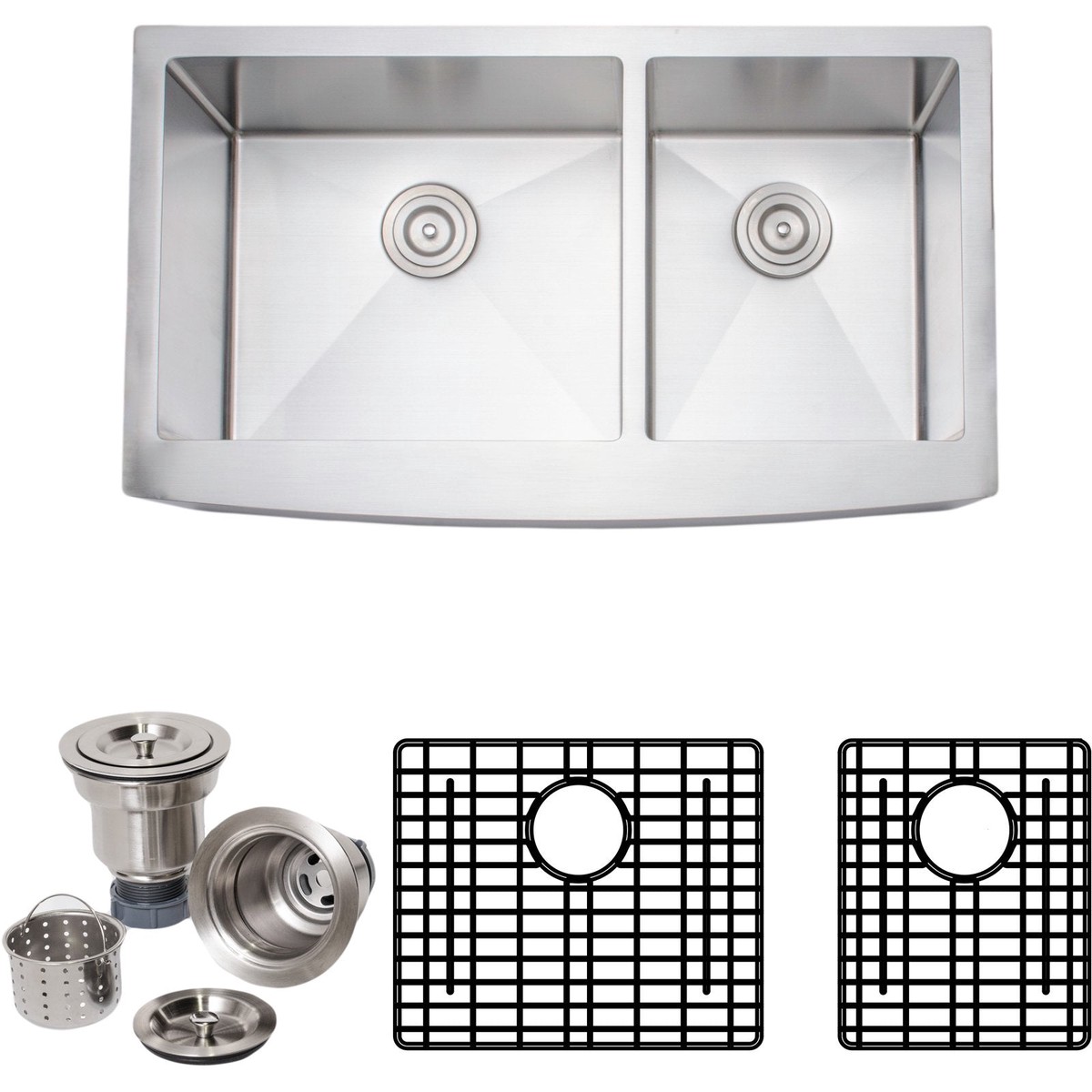 Wells Sinkware Handcrafted 36 16-Gauge Arched Apron Front Farmhouse 6040 Double Bowl Stainless Steel Kitchen Sink with Grid Racks and Basket Strainers