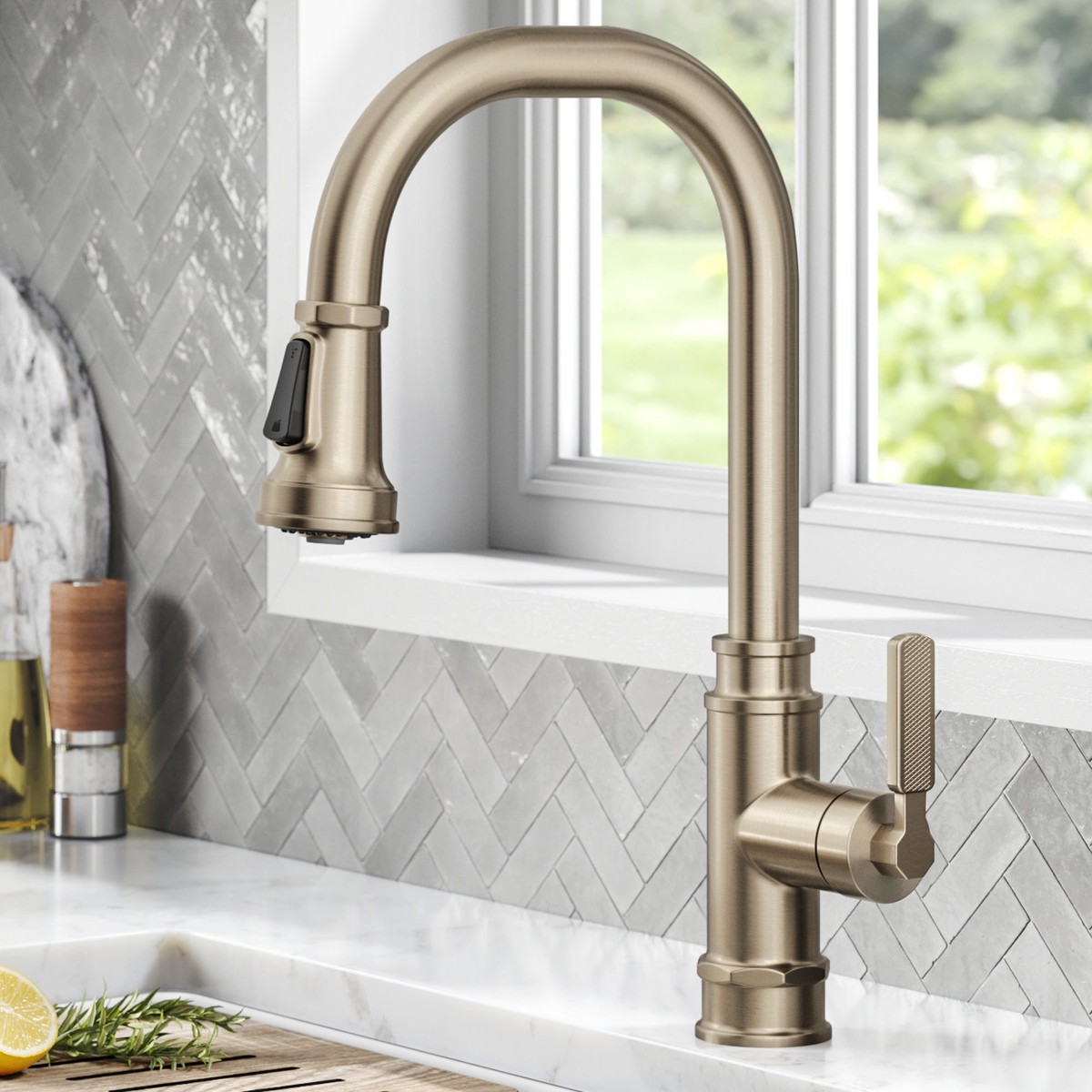KRAUS Allyn Industrial Pull-Down Kitchen Faucet in Antique Champagne Bronze