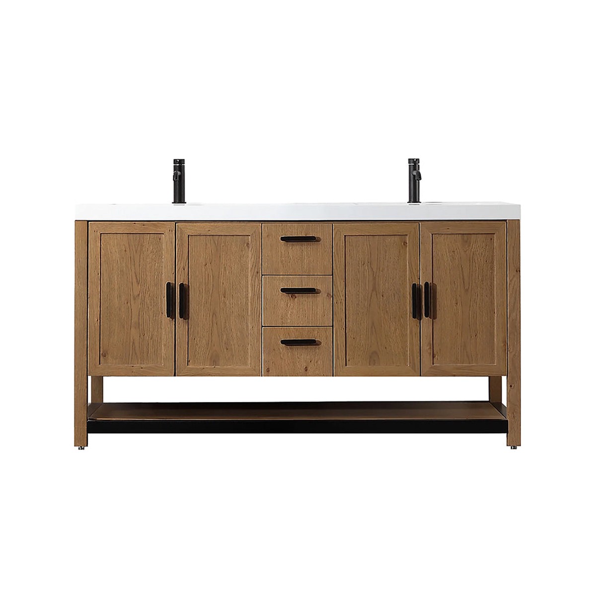 Winchester 3 Drawers And 4 Doors Bathroom Vanity with White Quartz Sink - Floor Mount - 60 WoodPecan Oak