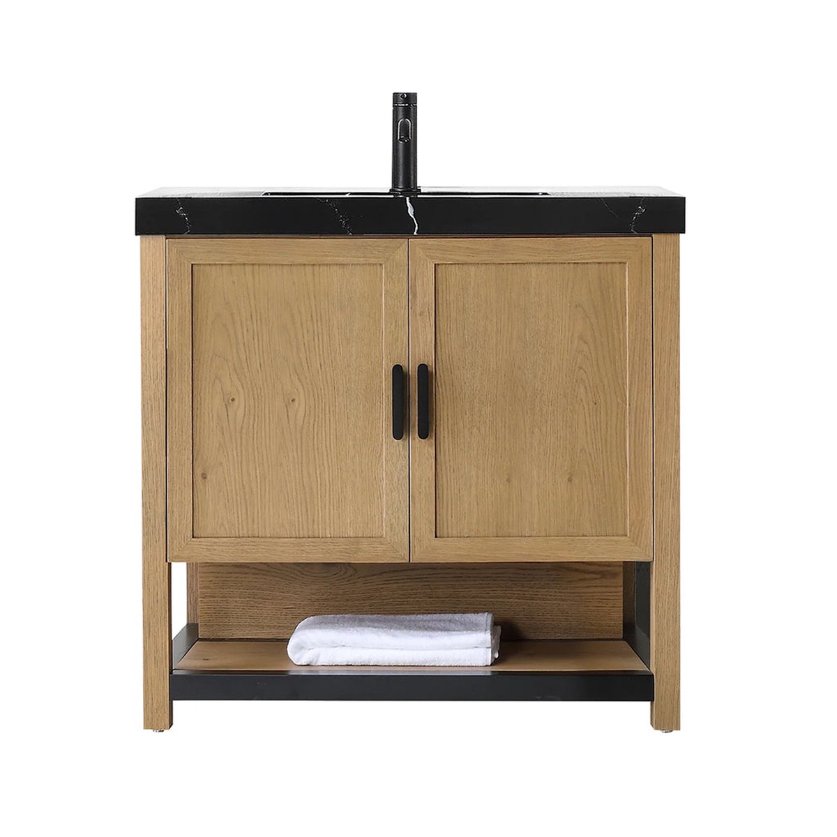 Winchester 2 Doors Bathroom Vanity with Black Quartz Sink - Floor Mount - 36 WoodPecan Oak
