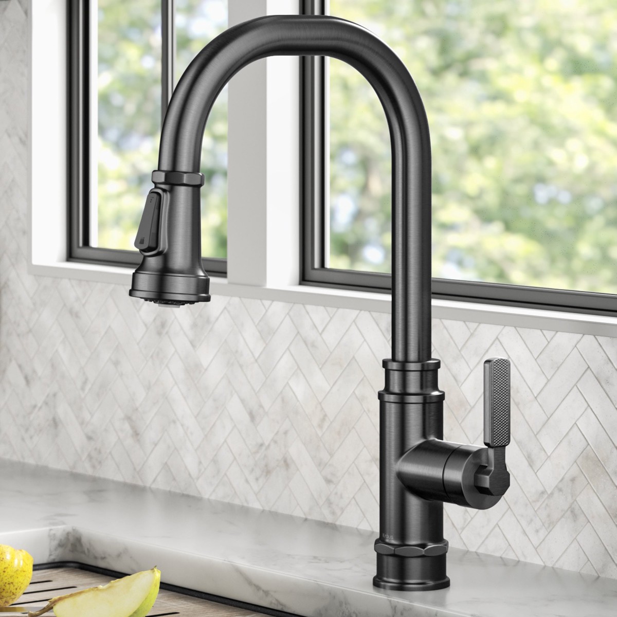 KRAUS Allyn Industrial Pull-Down Kitchen Faucet in Spot-Free Black Stainless Steel