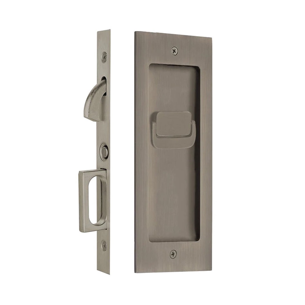 Modern Rectangular Privacy Mortise Pocket Door Lockset - Door Mount - 8 BrassPewter