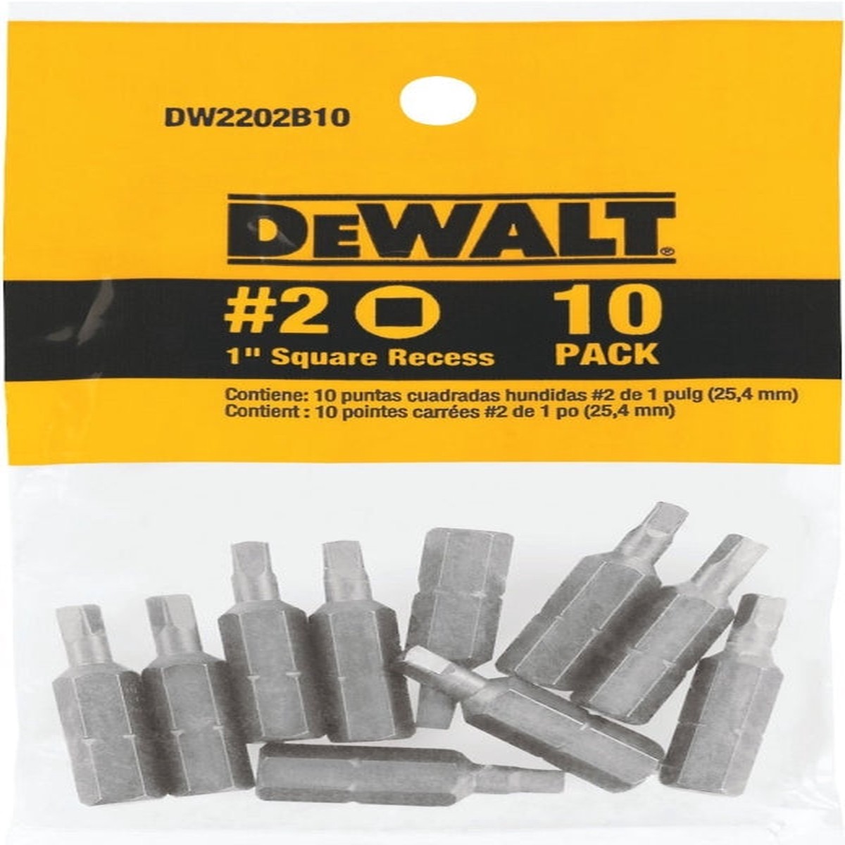 DEWALT DW2202B10 Insert Bit Tip 2 Drive Square Recess Drive 14 in Shank Hex Shank 1 in L Steel
