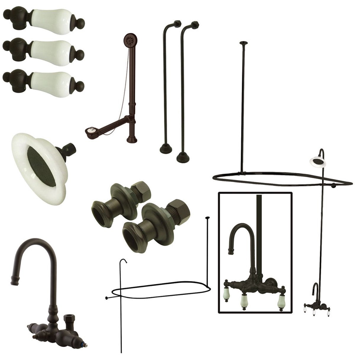 Kingston Brass Vintage Wall Mount High Rise Traditional Clawfoot Tub and Shower Package with Porcelain Lever Handles