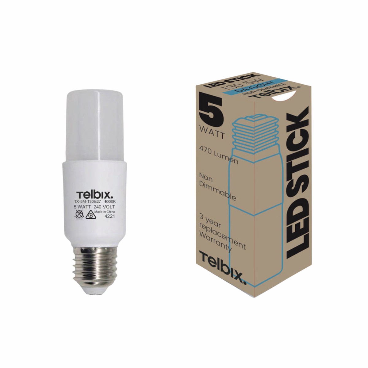 Telbix E27 T30 5W Led Stick Globe Opal Non Dim 6000K