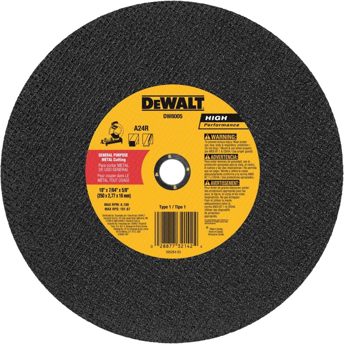 DEWALT DW8005 Cutting Wheel 10 in Dia 764 in Thick 58 in Arbor 24 Grit Very Coarse Aluminum Oxide Abrasive
