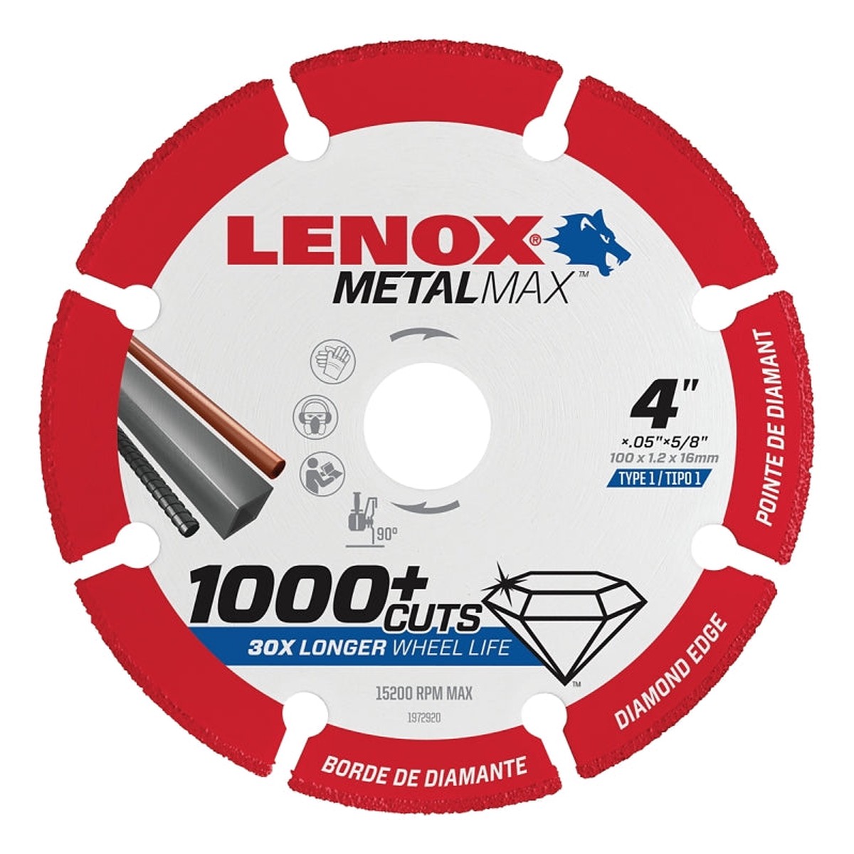 Lenox MetalMax 1972920 Cut-Off Wheel 4 in Dia 364 in Thick 58 in Arbor 40 50 Grit Diamond Abrasive