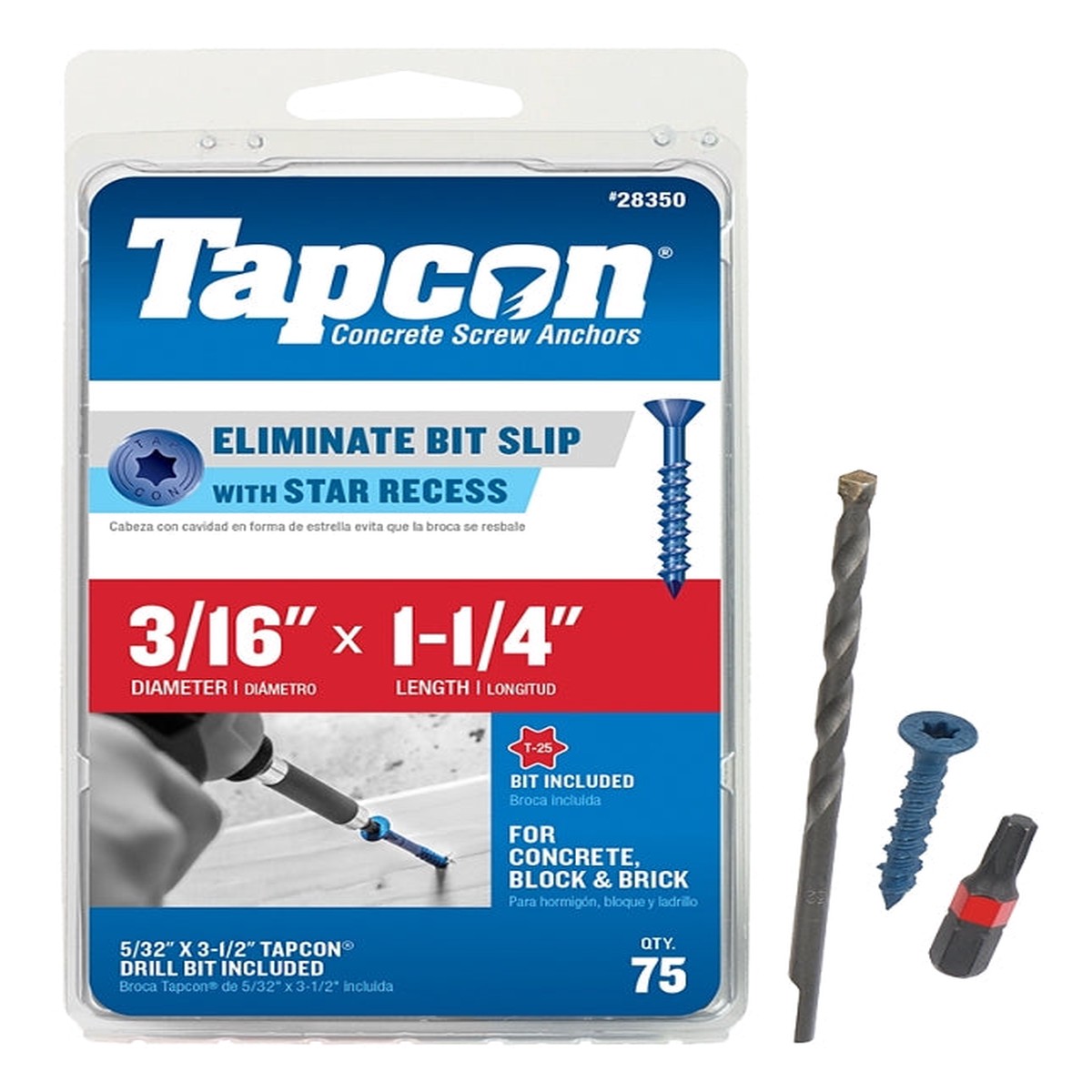 Tapcon 28350 Concrete Screw Anchor T25 Screw 316 in Dia 1-14 in L Steel Climaseal 75PK