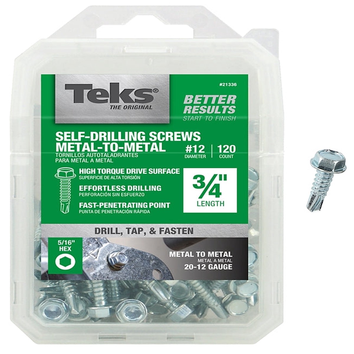 Teks 21336 Screw 12 Thread 34 in L Coarse Thread Hex Drive Self-Drilling Self-Tapping Point Steel Zinc 120 PK
