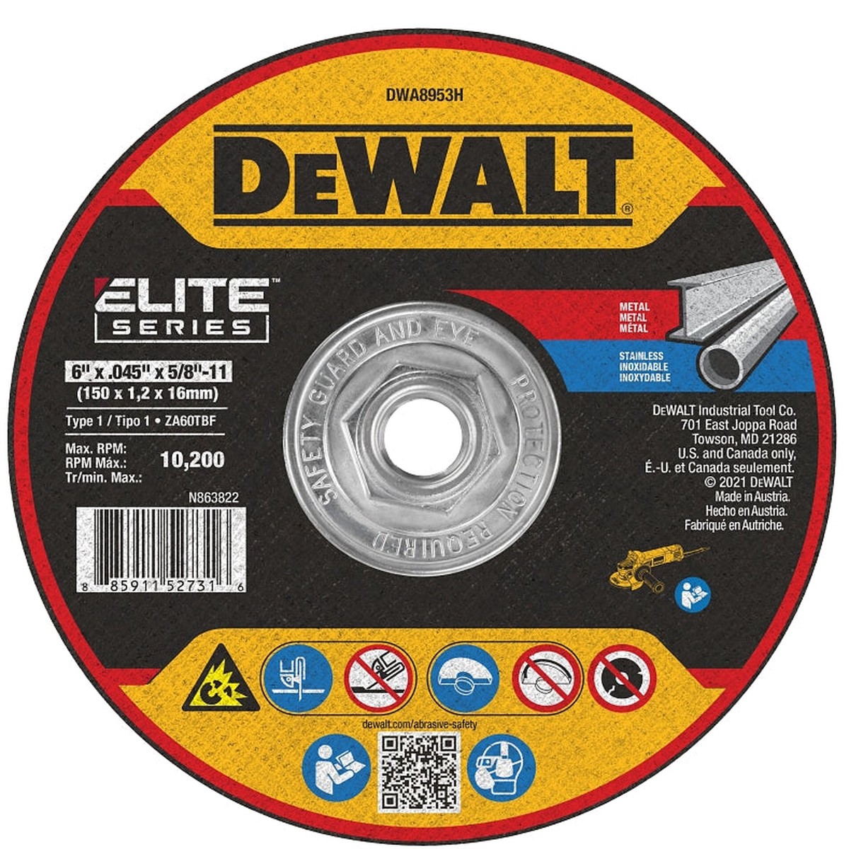 DEWALT ELITE Series DWA8953H Cutting Wheel 6 in Dia 0045 in Thick 58-11 Arbor 46 Grit Ceramic Abrasive