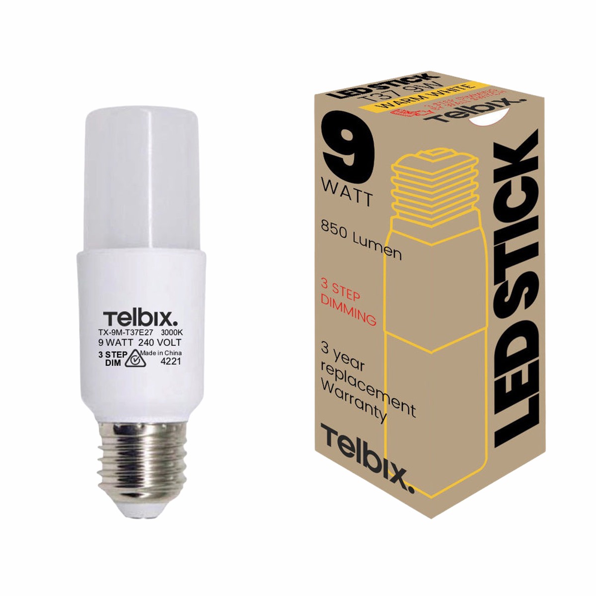 Telbix E27 T37 9W Led Stick Globe Opal 3Step Dim 3000K