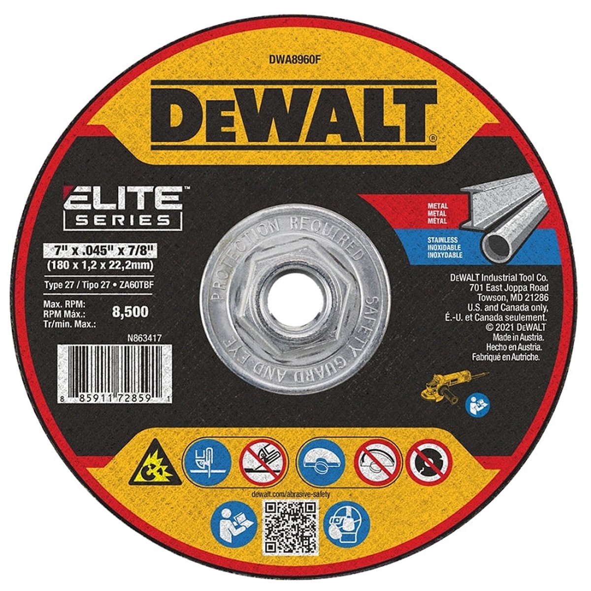 DEWALT ELITE Series DWA8960F Cutting Wheel 7 in Dia 0045 in Thick 78 in Arbor 60 Grit Zirconia Alumina Abrasive