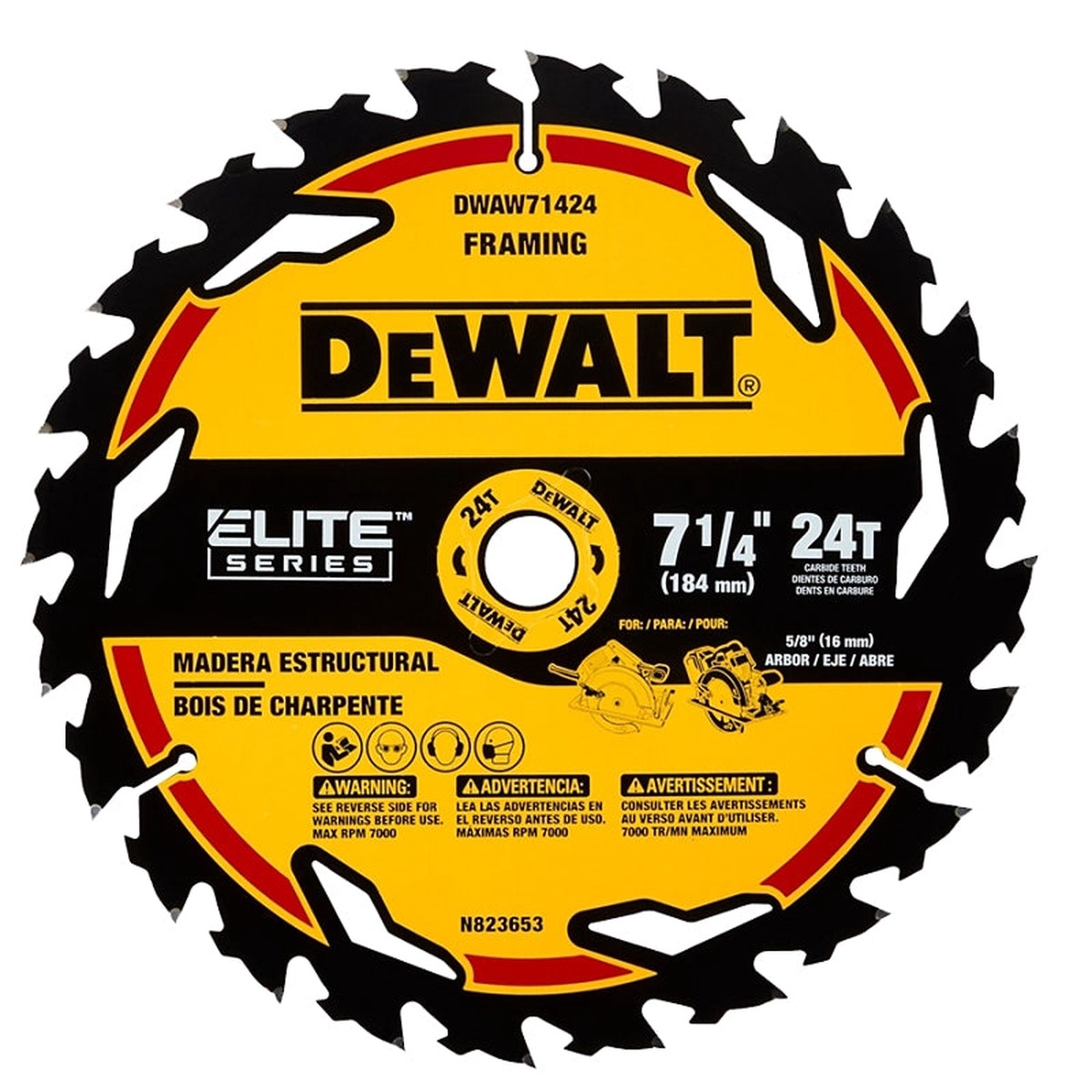 DEWALT ELITE Series DWAW71424B10 Circular Saw Blade 7-14 in Dia 58 in Arbor 24-Teeth 10PK Pack of 10