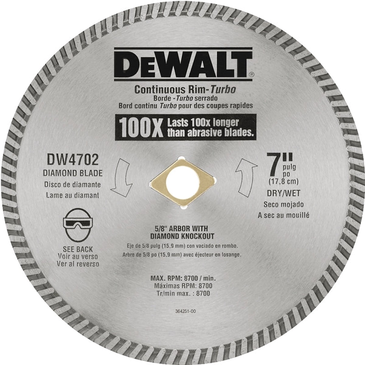 DEWALT DW4702 Circular Blade 7 in Dia 58 in Arbor Diamond Cutting Edge Continuous Rim
