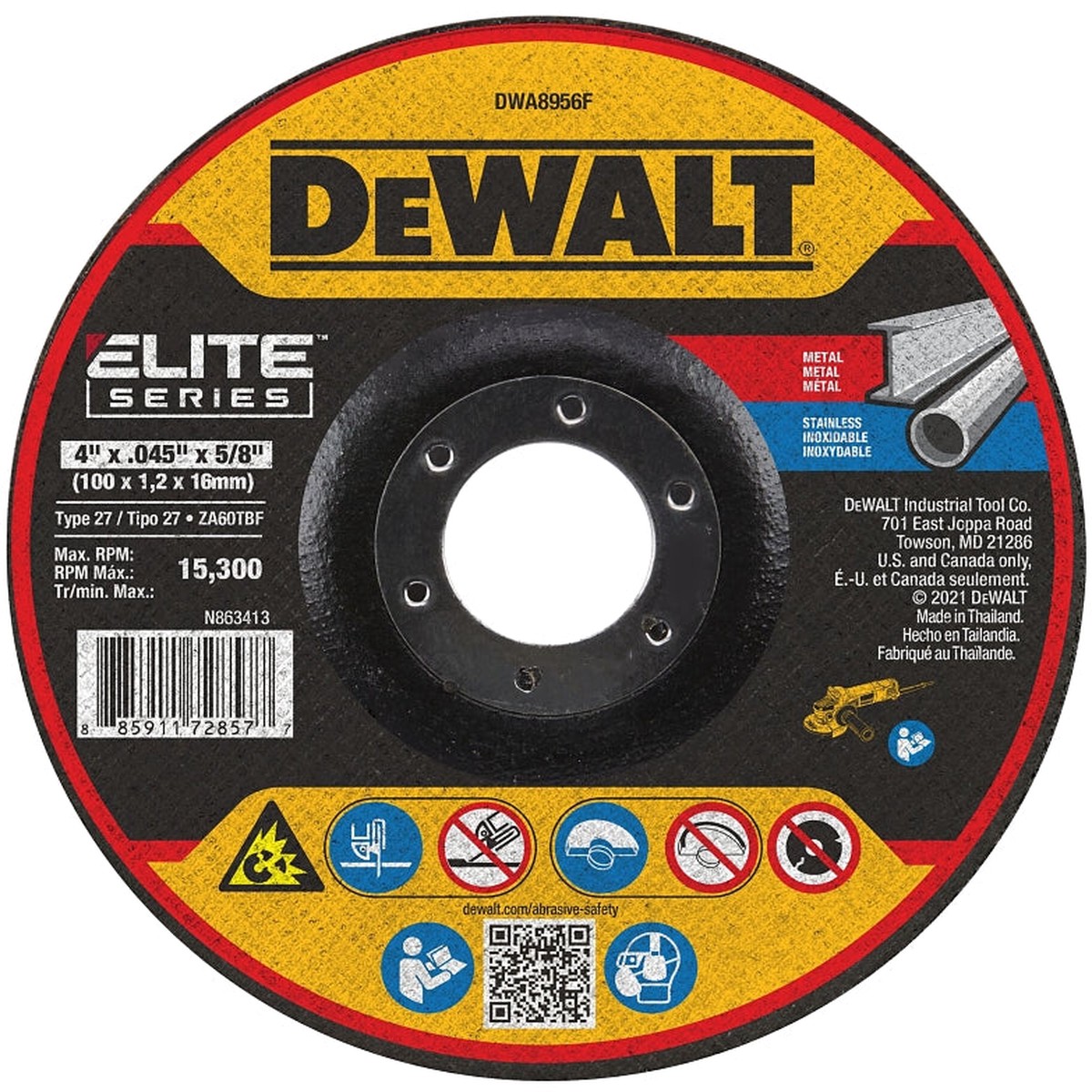 DEWALT ELITE Series DWA8956F Cutting Wheel 4 in Dia 0045 in Thick 58 in Arbor 60 Grit Zirconia Alumina Abrasive