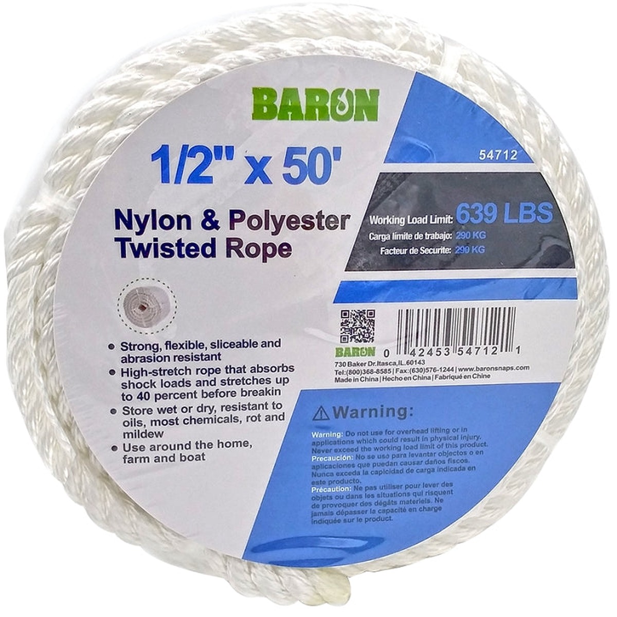 Baron 54712 Rope 12 in Dia 50 ft L Nylon White