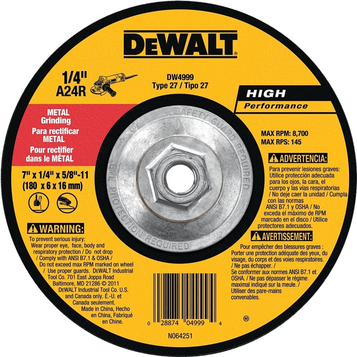 DEWALT DW4999 Grinding Wheel Applicable Materials Ferrous Metal Stainless Steel 7 in Dia 14 in Thick 24 Grit