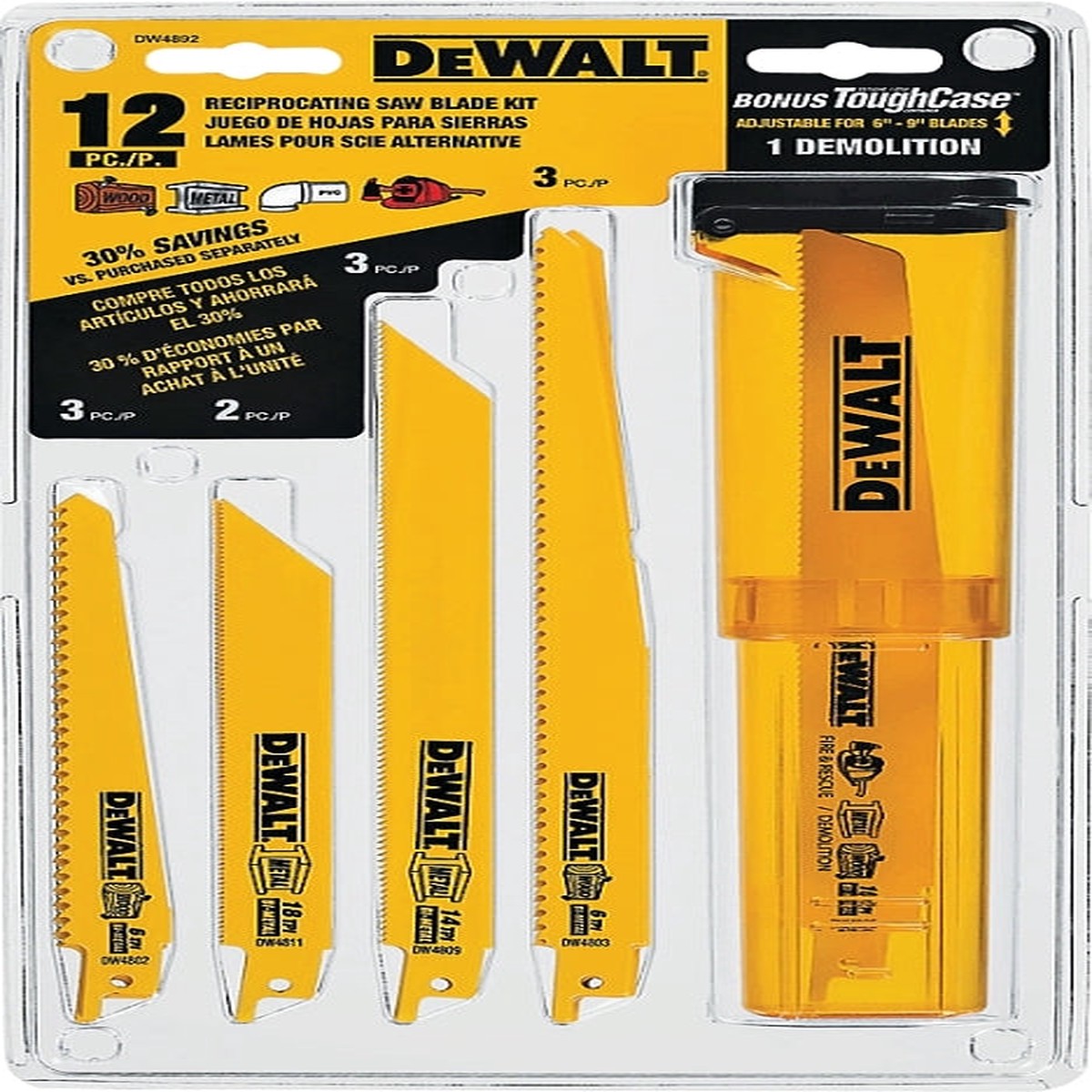 DEWALT DW4892 Reciprocating Saw Blade Set 12-Piece Bi-Metal Yellow