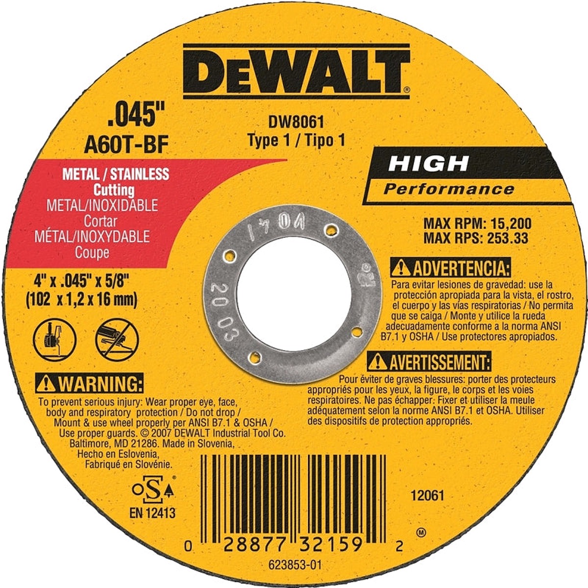 DEWALT DW8061 Cutting Wheel 4 in Dia 0045 in Thick 58 in Arbor Aluminum Oxide Abrasive Pack of 25