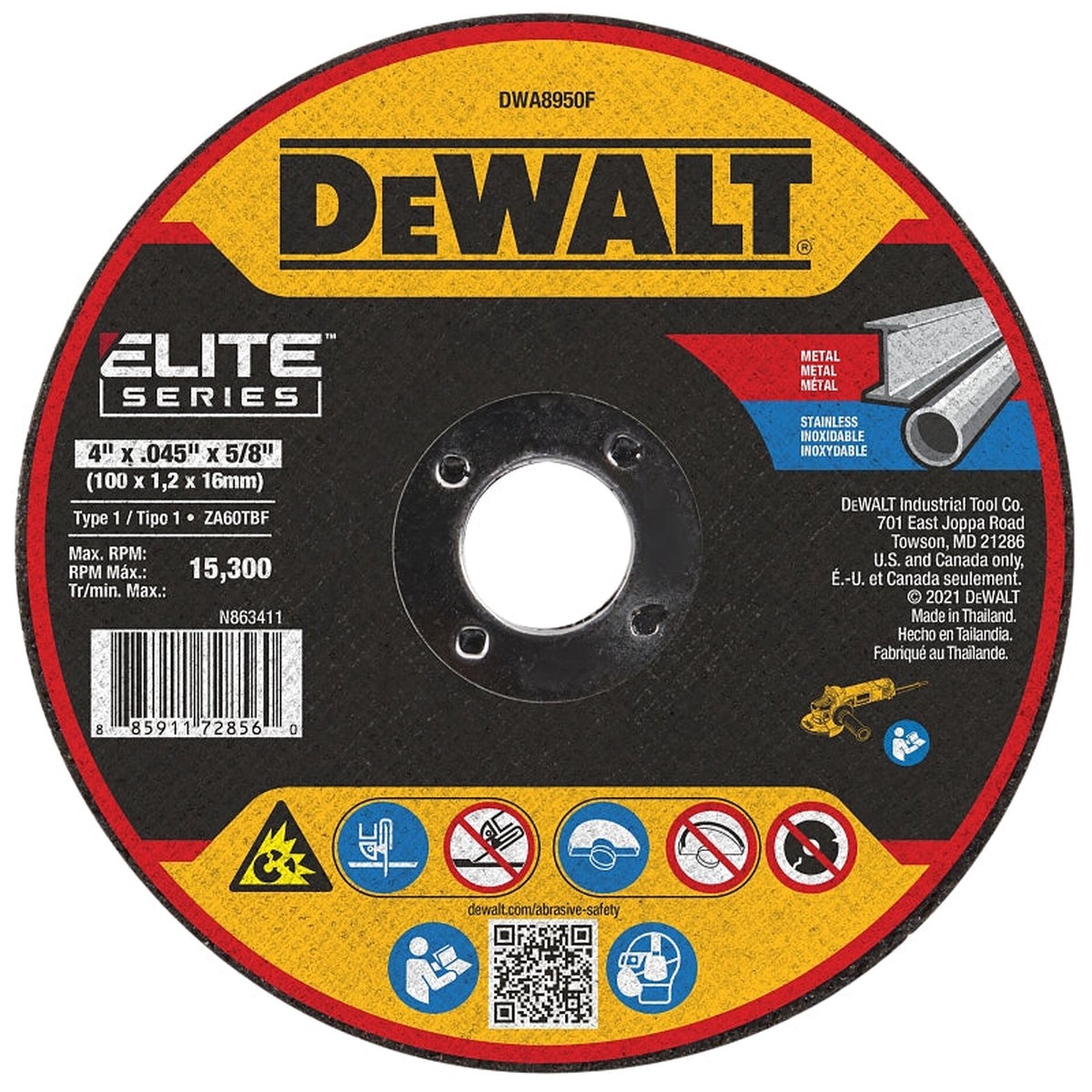DEWALT ELITE Series DWA8950F Cutting Wheel 4 in Dia 0045 in Thick 58 in Arbor 60 Grit Zirconia Alumina Abrasive