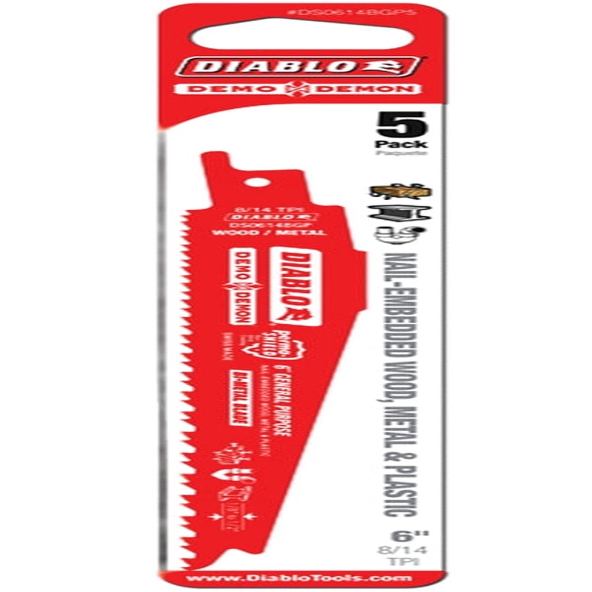 Diablo DS0614BGP5 Reciprocating Saw Blade Bi-Metal Applicable Materials Metal Plastic Wood 6 in L 814 TPI