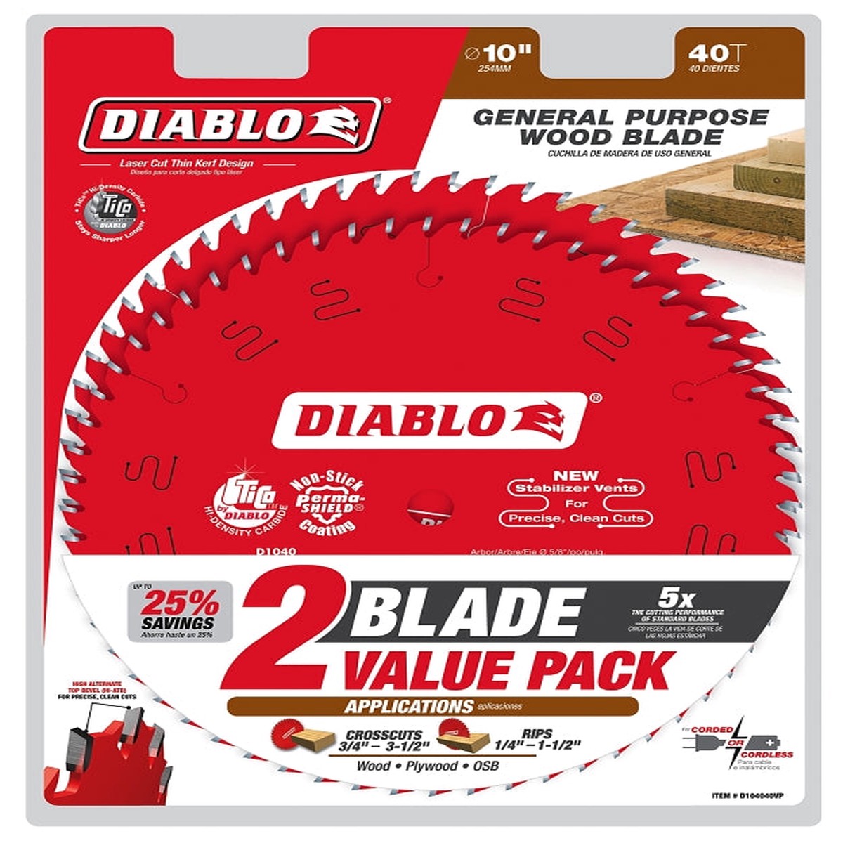 Diablo D104040VP Saw Blade 10 in Dia 40-Teeth