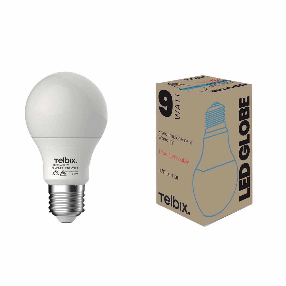 Telbix E27 A60 9W Led Globe Opal Dim 6000K