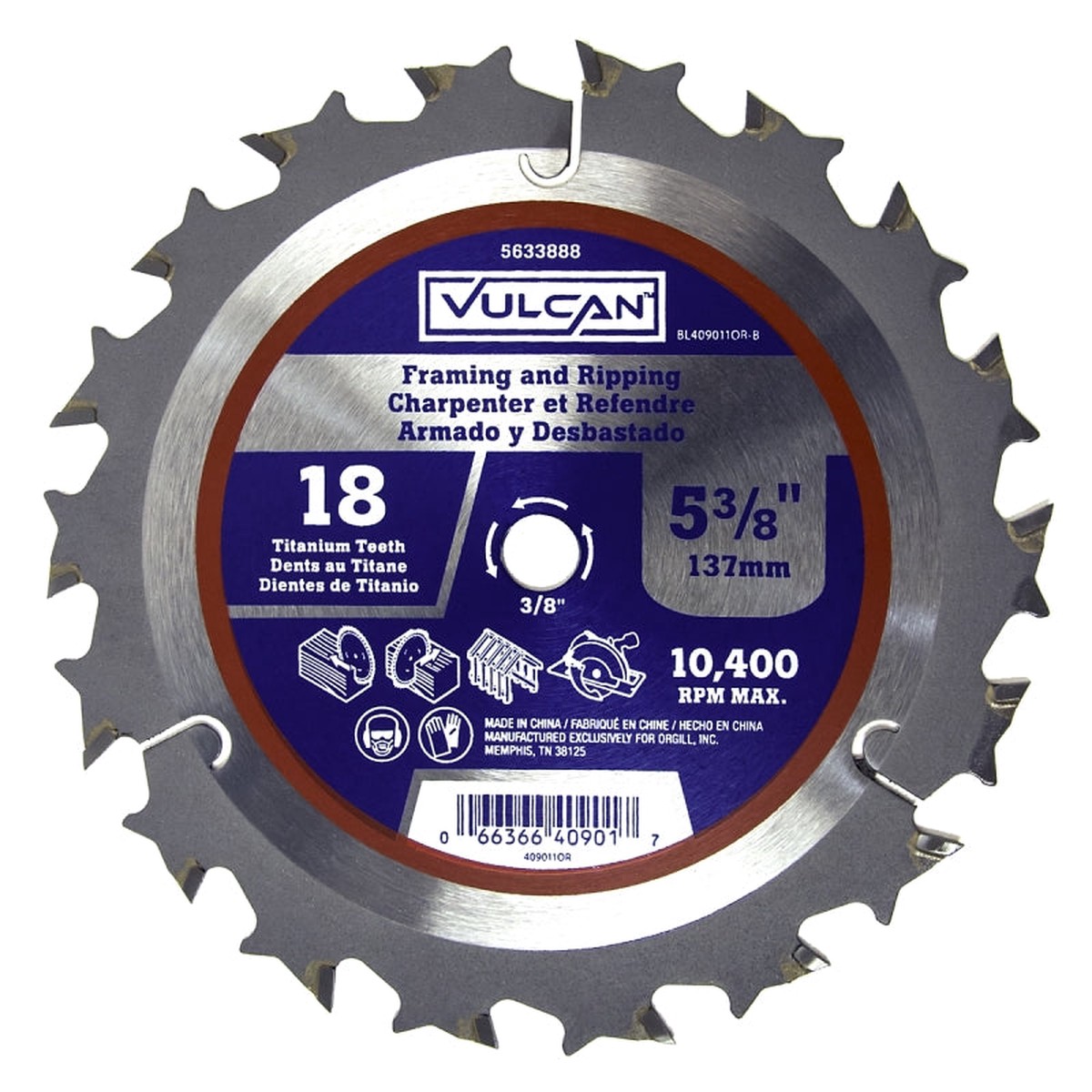 Vulcan 409011OR Circular Saw Blade 5-38 in Dia 38 in Arbor