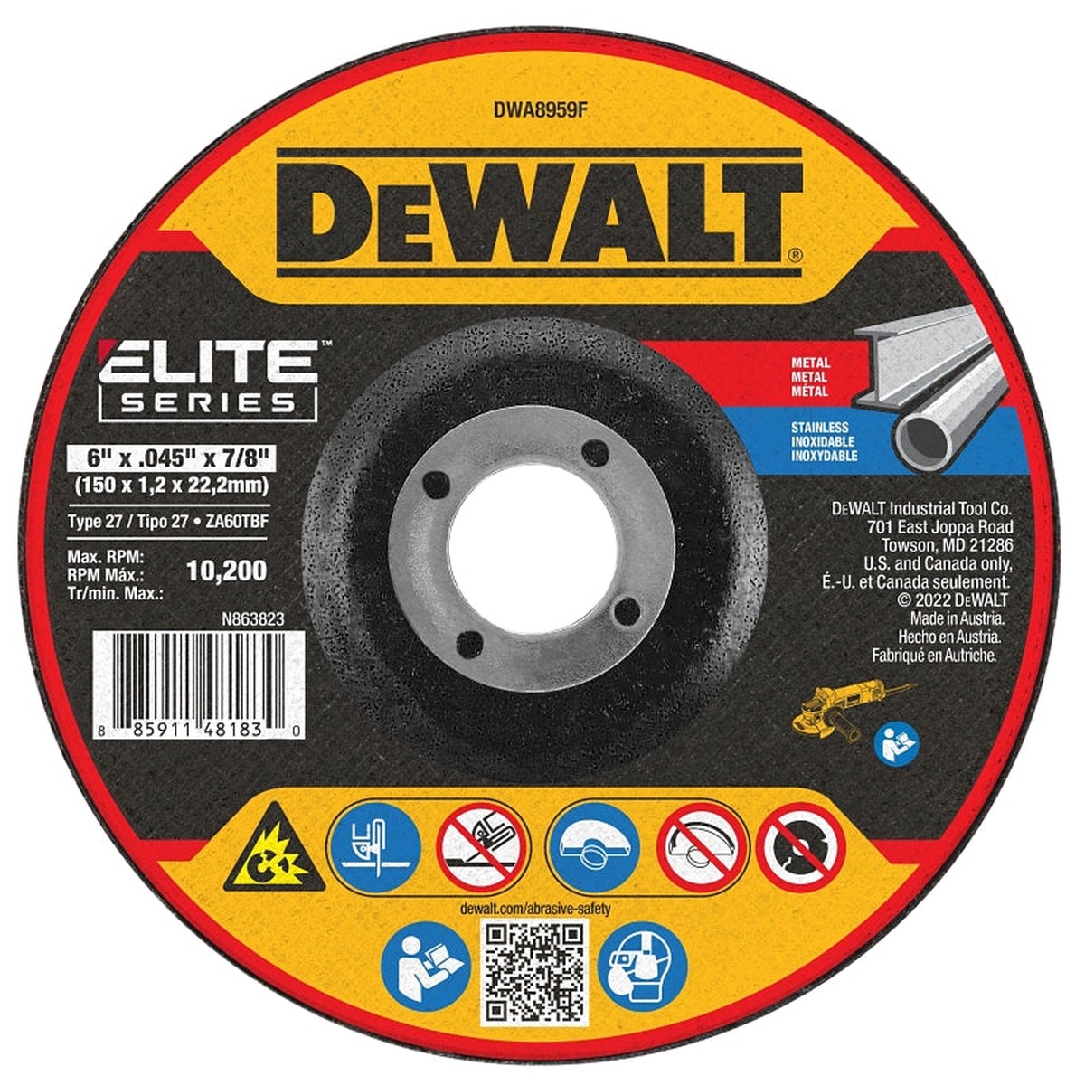 DEWALT ELITE Series DWA8959F Cutting Wheel 6 in Dia 0045 in Thick 78 in Arbor Ceramic Abrasive